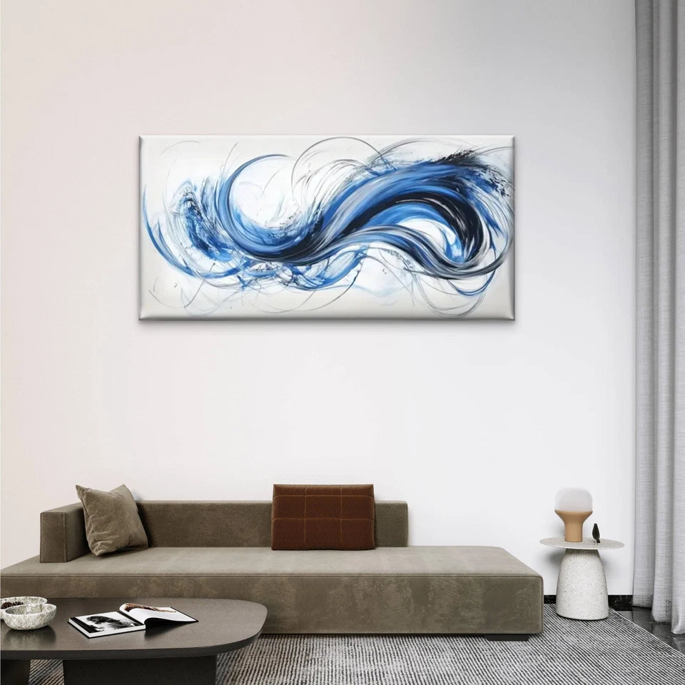 Blue & White Swirls Perfect Wall Art Canvas Office Home Room Framed 120x60cm