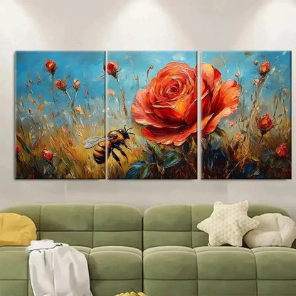 3pcs Red Rose Dog Floral Impasto Meadow Perfect Wall Art Set Canvas Framed 50x70cm - High Quality Print 100% Australian Made Wall Canvas Ready to Hang