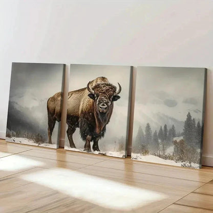 3pcs Majestic Bull with Snowy Mountains Wall Art Set Canvas Framed 40x60cm - High Quality Print 100% Australian Made Wall Canvas Ready to Hang