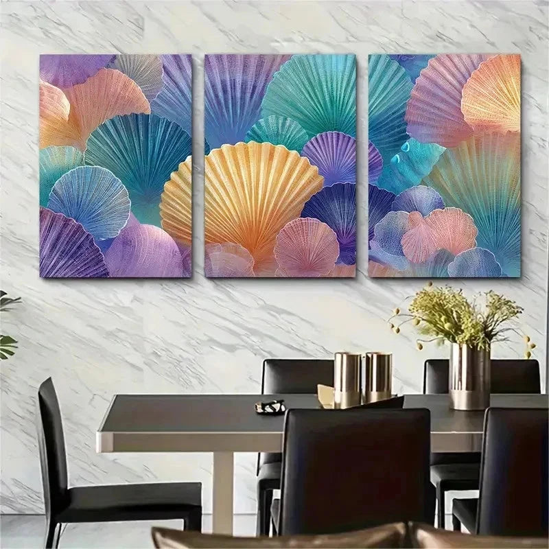 3pcs Warm Orange & Blue Shells Beach Perfect Wall Art Set Canvas Framed 50x70cm - High Quality Print 100% Australian Made Wall Canvas Ready to Hang