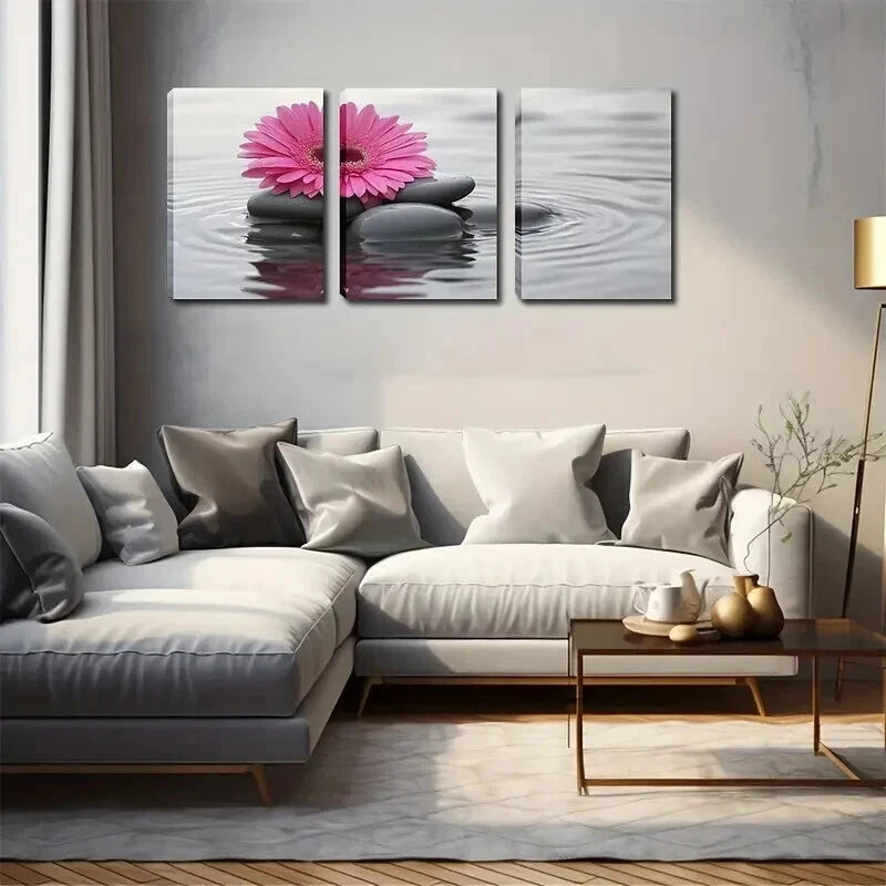 3pcs Bright Pink Gerbera on Rocks Perfect Wall Art Set Canvas Framed 60x90cm - High Quality Print 100% Australian Made Wall Canvas Ready to Hang