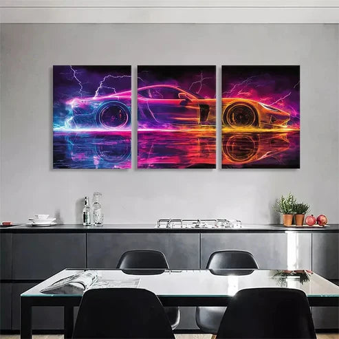 3pcs Neon Speed Racing Car Lightning Wall Art Canvas Unframed - High Quality Print 100% Australian Made Wall Canvas