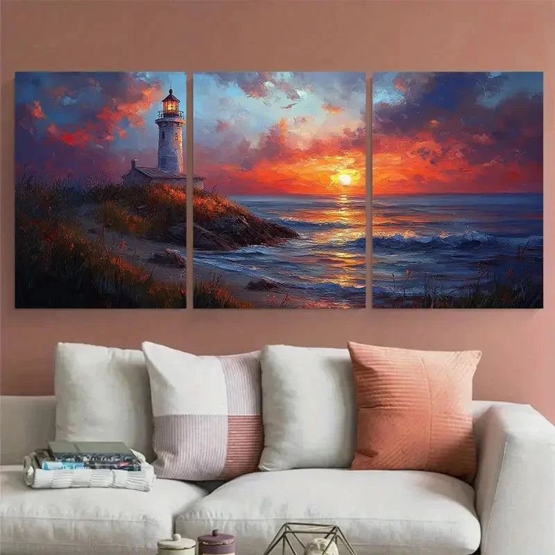 3pcs Lighthouse Sunset Beach Ocean Perfect Wall Art Set Canvas Framed 60x90cm - High Quality Print 100% Australian Made Wall Canvas Ready to Hang