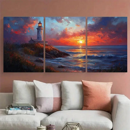 3pcs Lighthouse Sunset Beach Ocean Perfect Wall Art Set Canvas Framed 60x90cm - High Quality Print 100% Australian Made Wall Canvas Ready to Hang