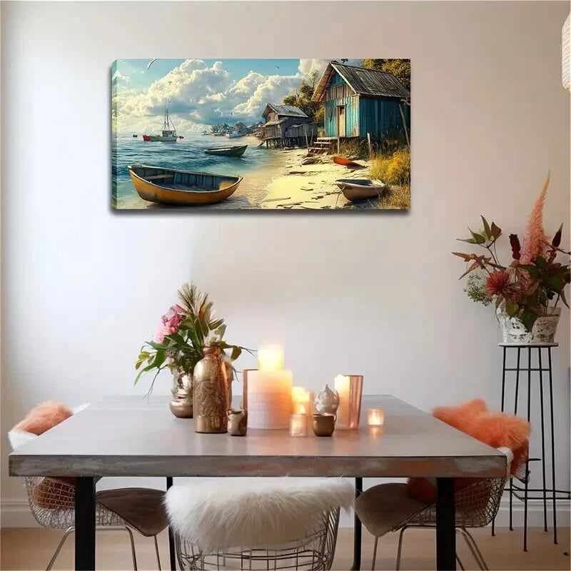 Serene Beach Scene with Wooden Wall Art Canvas Office Home Room Framed 120x60cm - Bella Home Decor
