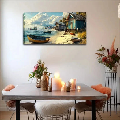 Serene Beach Scene with Wooden Wall Art Canvas Office Home Room Framed 120x60cm - Bella Home Decor