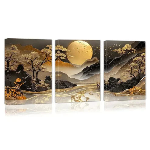 3pcs Beautiful Golden Sun Mountain Trees Wall Art Canvas Unframed - High Quality Print 100% Australian Made Wall Canvas - Bella Home Decor