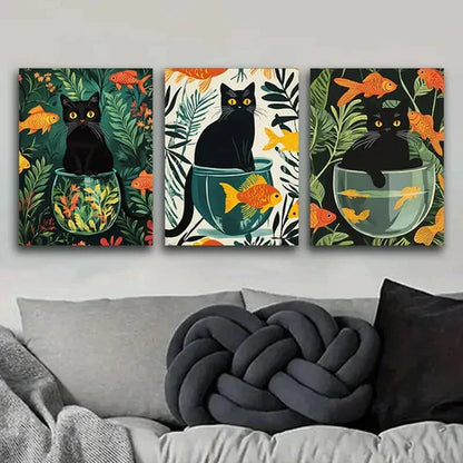3pcs Black Cats Colorful Orange Fish Perfect Wall Art Set Canvas Unframed - High Quality Print 100% Australian Made Wall Canvas - Bella Home Decor