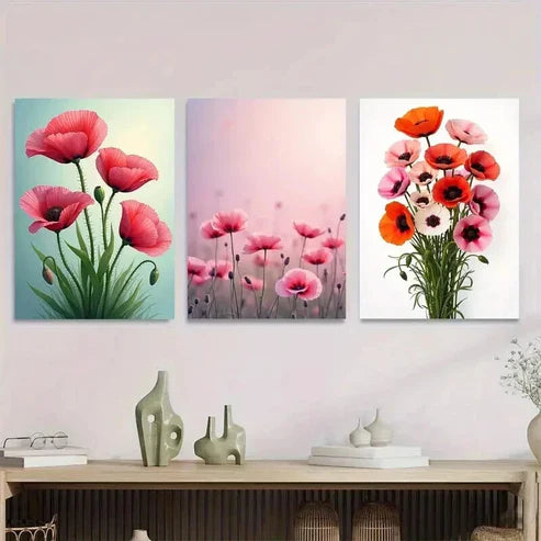 3pcs Poppy Flower Vibrant Pink & Orange Poppy Wall Art Set Canvas Unframed - High Quality Print 100% Australian Made Wall Canvas