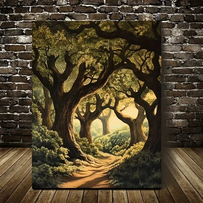 Vibrant Oak Forest Pathway Sunlit Painting 40x60cm Metal Print Ready to Hang