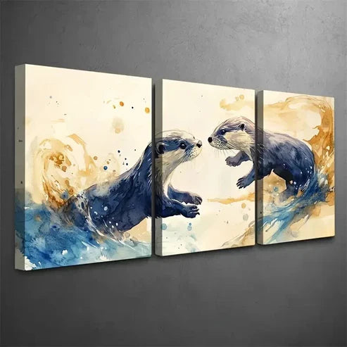 3pcs Summer Otters Playing in Indigo & Amber Wall Art Canvas Unframed - High Quality Print 100% Australian Made Wall Canvas