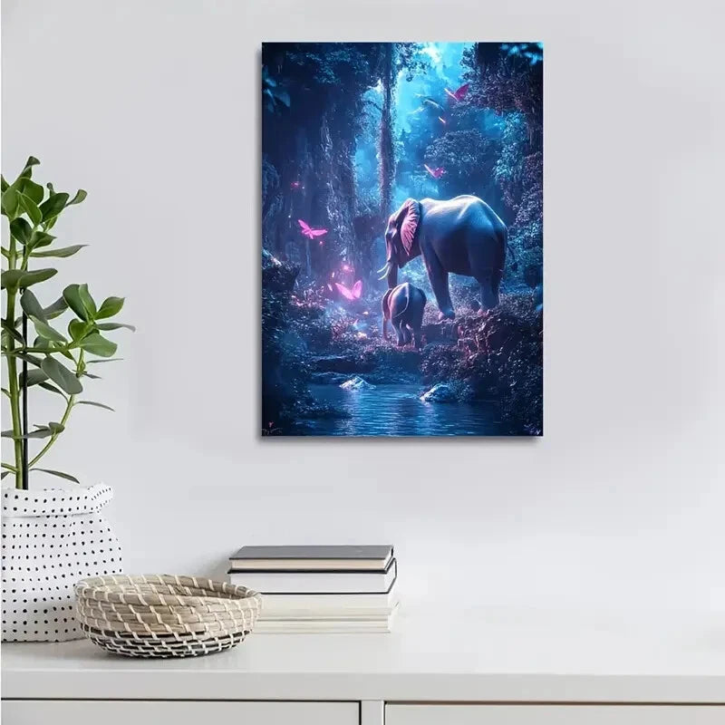 Dreamlike Elephant Scene in Magical Forest Painting 40x60cm Metal Print Ready to Hang - Bella Home Decor