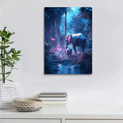 Dreamlike Elephant Scene in Magical Forest Painting 40x60cm Metal Print Ready to Hang - Bella Home Decor