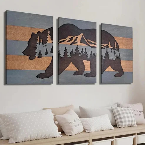 3pcs Woodcut Style Tree Forest Bear Wall Art Set Canvas Unframed - High Quality Print 100% Australian Made Wall Canvas