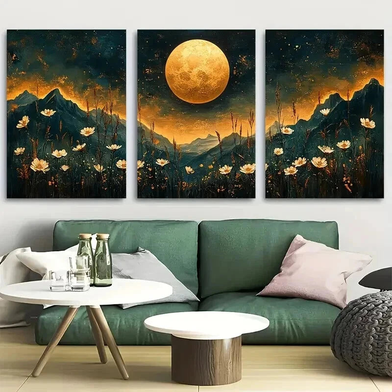 3pcs Full Moon Floral Night Sky White Perfect Wall Art Set Canvas Framed 50x70cm - High Quality Print 100% Australian Made Wall Canvas Ready to Hang - Bella Home Decor