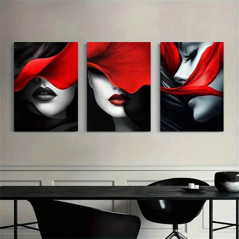 3pcs Bold Red And Black Lip Gloss Metal Print Ready to Hang Art - Bella Home Decor