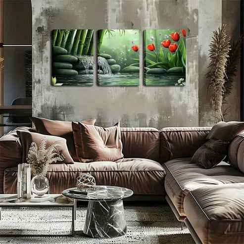 3pcs stone Waterfall Oriental garden style Wall Art Set Canvas Unframed - High Quality Print 100% Australian Made Wall Canvas