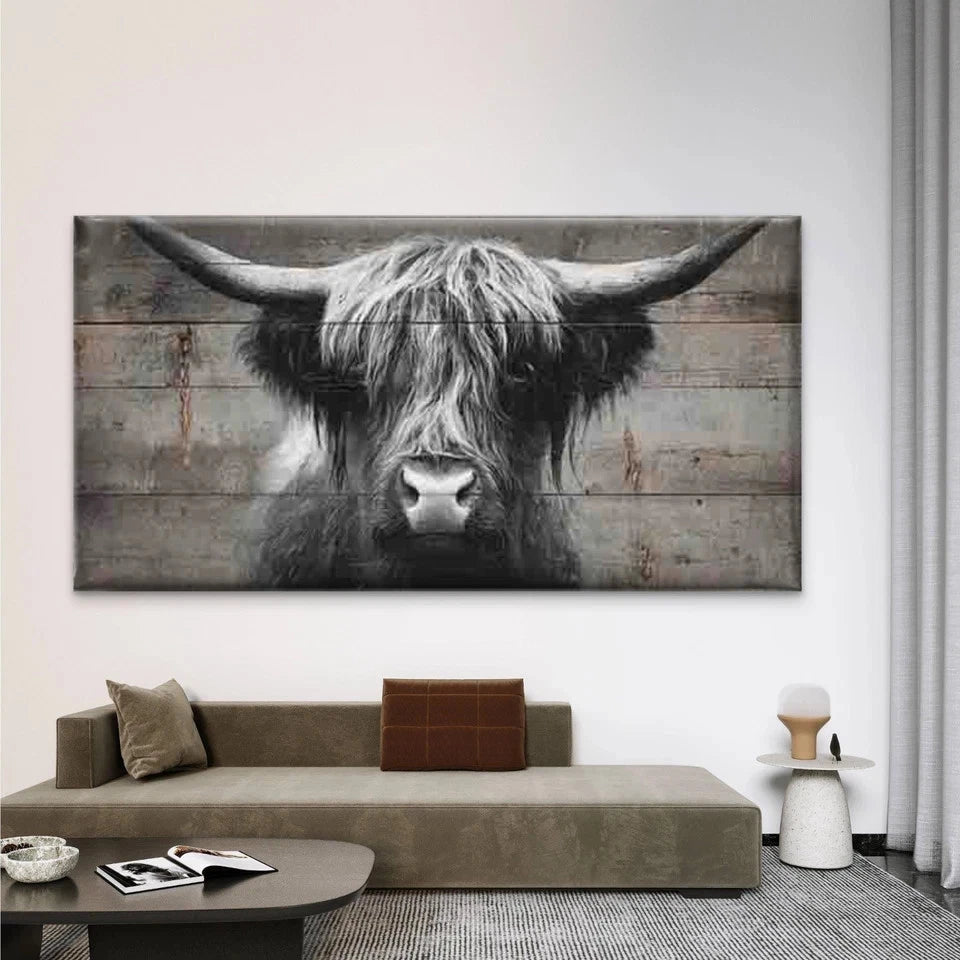 Black and White Highland Cattle Wall Art Canvas Office Home Room Framed 120x60cm