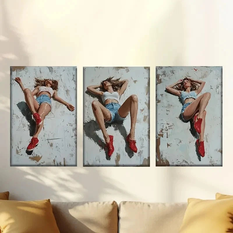 3pcs Vintage Wall Posters of Woman in Denim Wall Art Set Canvas Framed 60x90cm - High Quality Print 100% Australian Made Wall Canvas Ready to Hang