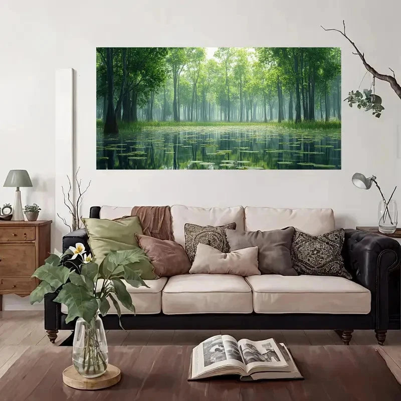 Serene Forest Reflections Wall Art Canvas Office Home Room Framed 120x60cm