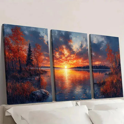 3pcs Serene Sunset Lake Scene with Autumn Trees Perfect Wall Art Canvas Unframed – High Quality Print 100% Australian Made Wall Canvas