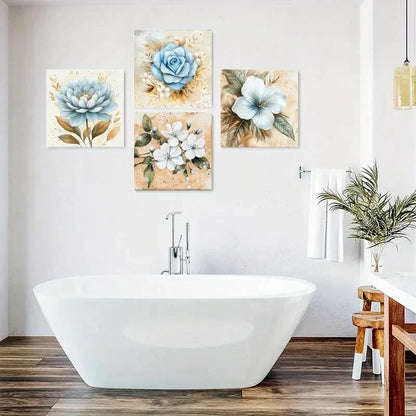 4pcs Blue Flower Paintings Wall Art Canvas Framed