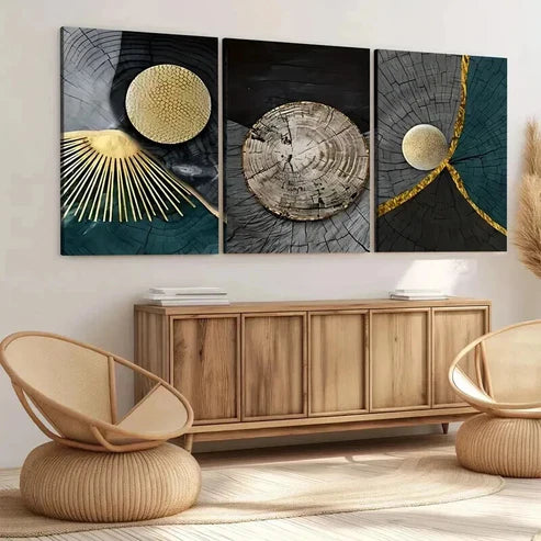 3pcs Abstract Art Tree Rings Modern Golden Blue Wall Art Canvas Unframed - High Quality Print 100% Australian Made Wall Canvas - Bella Home Decor