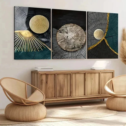 3pcs Abstract Art Tree Rings Modern Golden Blue Wall Art Canvas Unframed - High Quality Print 100% Australian Made Wall Canvas - Bella Home Decor