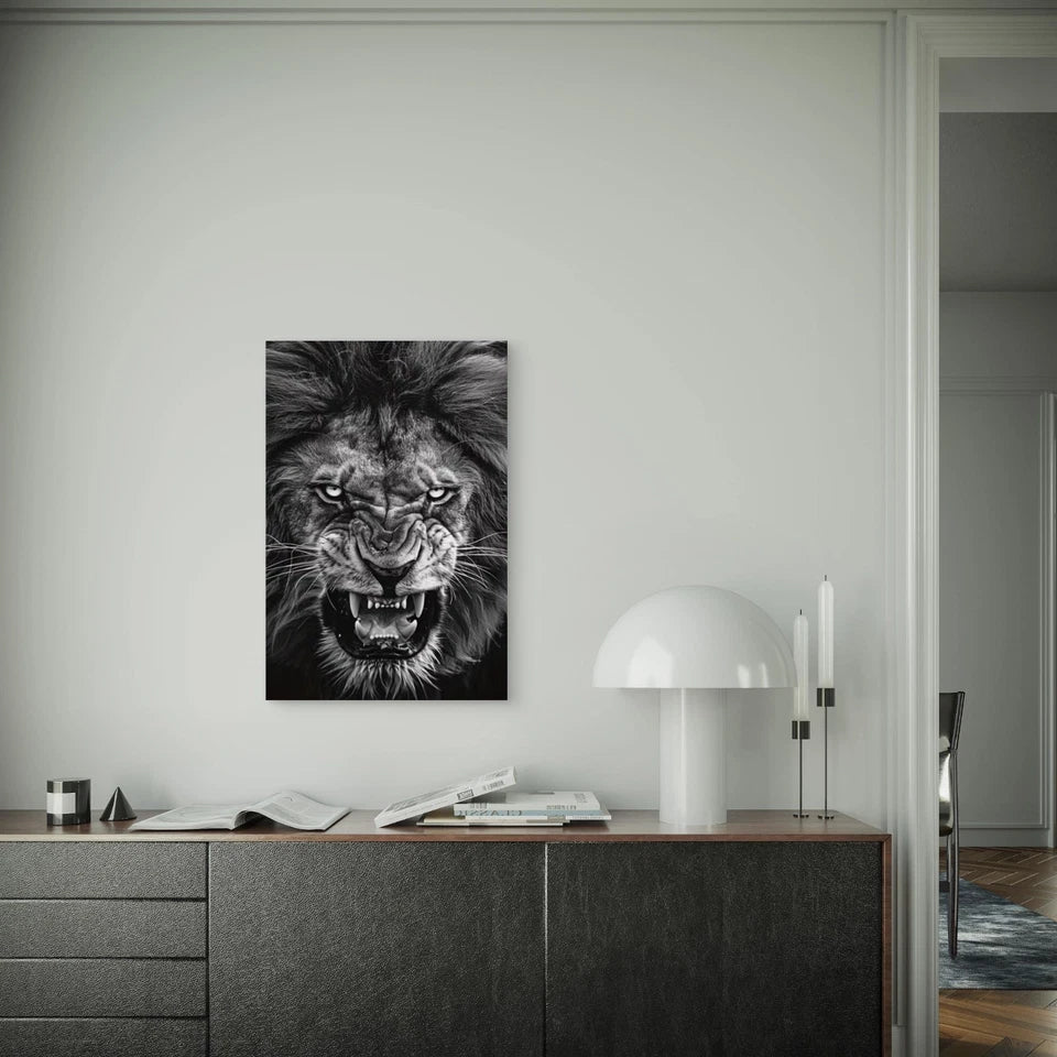 Fierce Black & White Lion Gaze Metal Print Ready to Hang