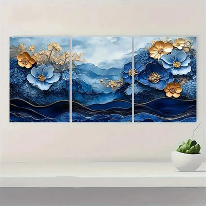 3pcs Trio in Indigo & Honeycomb Blue  Wall Art Set Canvas Unframed - High Quality Print 100% Australian Made Wall Canvas - Bella Home Decor