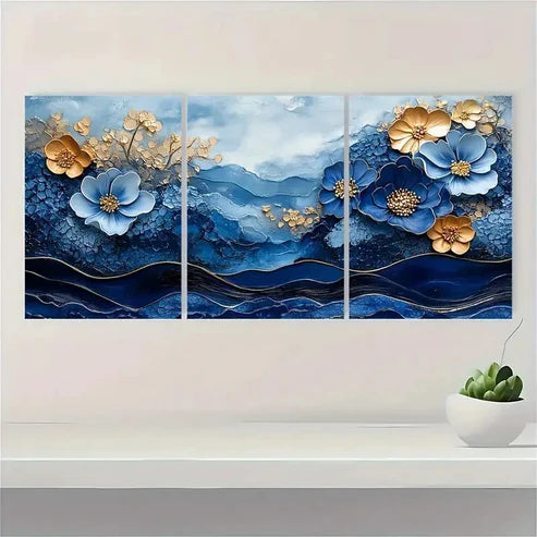 3pcs Trio in Indigo & Honeycomb Blue  Wall Art Set Canvas Unframed - High Quality Print 100% Australian Made Wall Canvas - Bella Home Decor