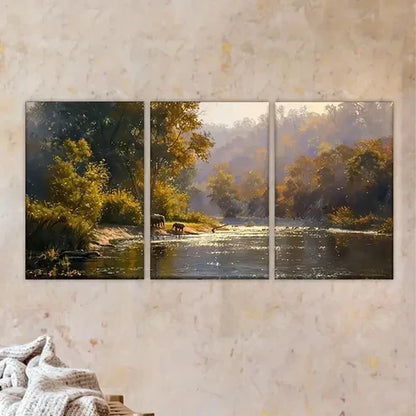 3pcs Vibrant Autumn Forest Scene with Deer Wall Art Set Canvas Unframed - High Quality Print 100% Australian Made Wall Canvas
