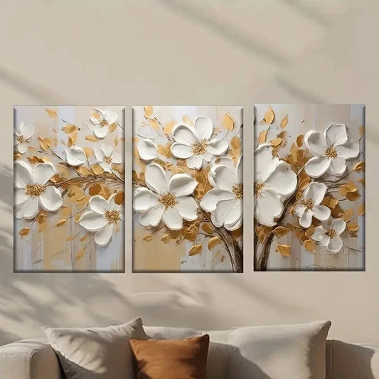 3pcs White Flowers with Golden Accents Wall Art Set Canvas Framed 40x60cm - High Quality Print 100% Australian Made Wall Canvas Ready to Hang