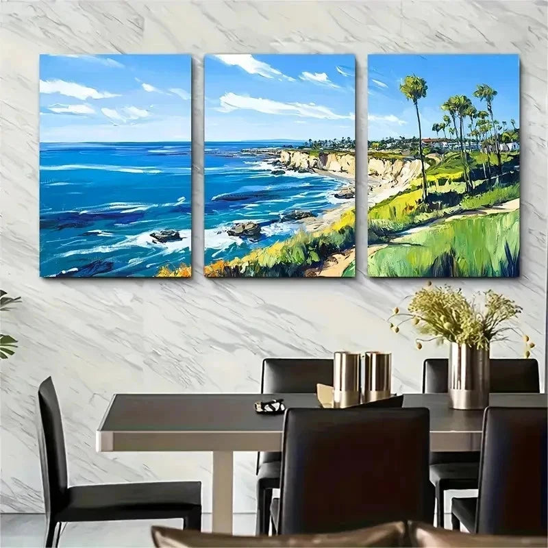 3pcs Vibrant Blue Ocean & Cliffs Lands Perfect Wall Art Set Canvas Framed 50x70cm - High Quality Print 100% Australian Made Wall Canvas Ready to Hang