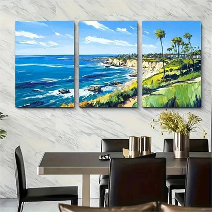 3pcs Vibrant Blue Ocean & Cliffs Lands Perfect Wall Art Set Canvas Framed 50x70cm - High Quality Print 100% Australian Made Wall Canvas Ready to Hang