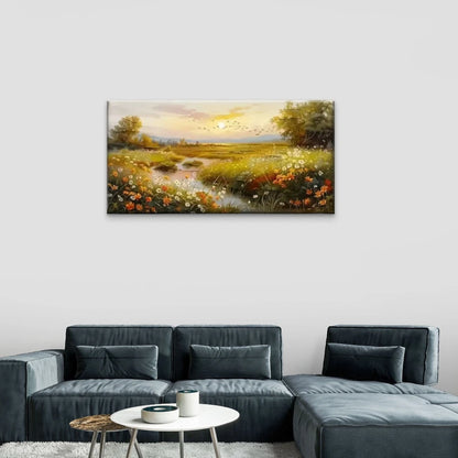 Flowers Trees River Sunset Wall Art Canvas Office Home Room Framed 120x60cm