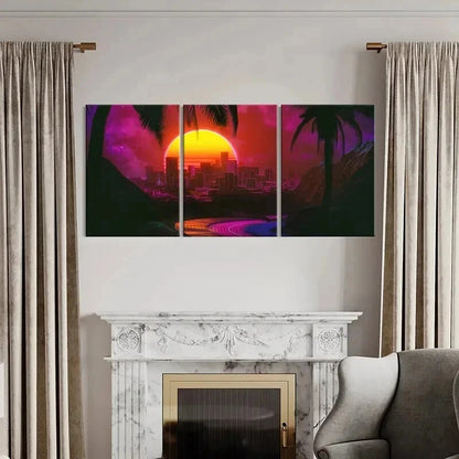 3pcs Sunset Cityscape Vaporwave Aesthetic Wall Art Set Canvas Framed 40x60cm - High Quality Print 100% Australian Made Wall Canvas Ready to Hang - Bella Home Decor