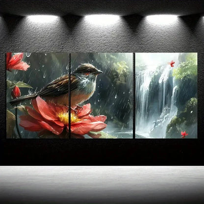 3pcs The Bird on the Petals Red Floral Metal Print Ready to Hang Art - Bella Home Decor