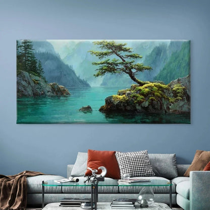 Lone Tree in Misty Valley Wall Art Canvas Office Home Room Framed 120x60cm