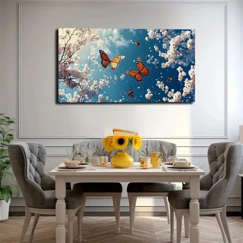 Vibrant Butterfly & Cherry Wall Art canvas office home room framed 120x60cm