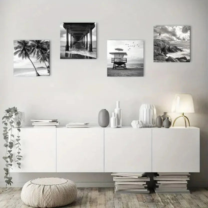 4pcs Back White Beach Florida Coastline Lighthou Wall Art Canvas Framed