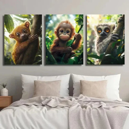 3pcs Golden Bear & Lemur in the Jungle Wall Art Canvas Unframed - High Quality Print 100% Australian Made Wall Canvas - Bella Home Decor