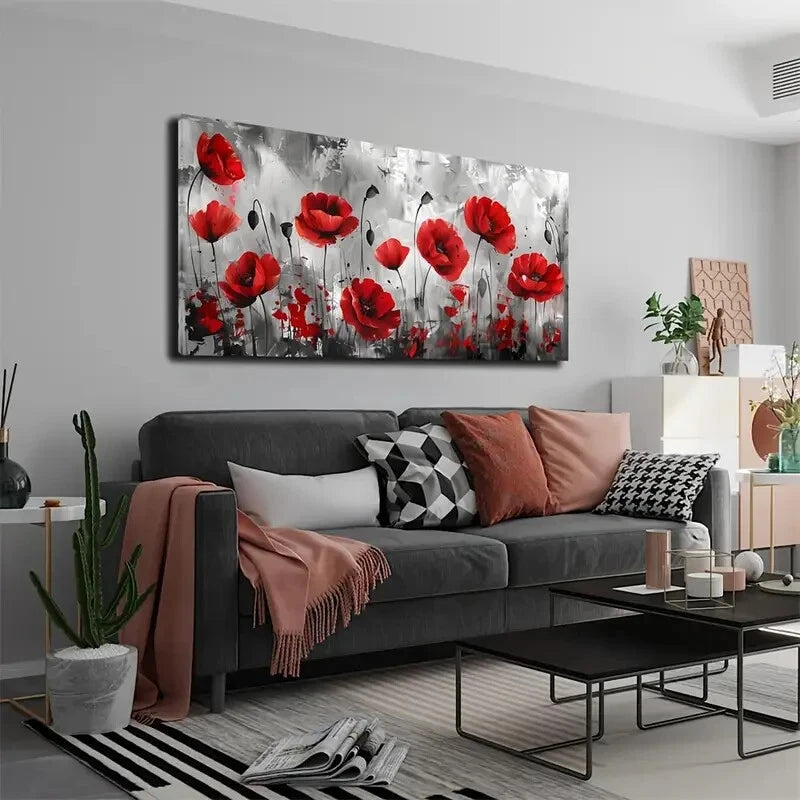 Red Poppy Floral Paintingall Art wall canvas office home room framed 120x60cm - Bella Home Decor
