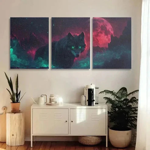 3pcs Majestic Wolf with Glowing Green Eyes Art Set Canvas Unframed - High Quality Print 100% Australian Made Wall Canvas