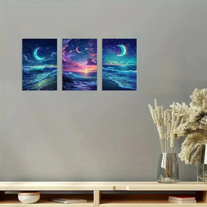 3pcs Sparkling Waves & Crescent Moon Wall Art Canvas Unframed – High Quality Print 100% Australian Made Wall Canvas
