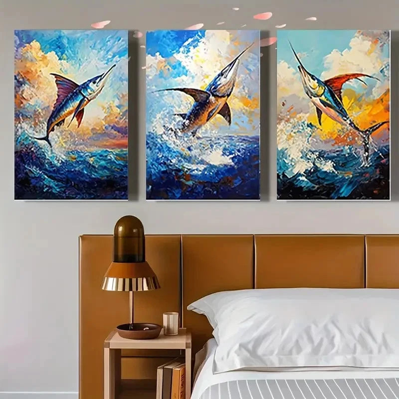 3pcs  Sailfish & Frigate Vibrant Blue & Golden   Wall Art Canvas Framed 40x60cm - High Quality Print 100% Australian Made Wall Canvas Ready to Hang - Bella Home Decor