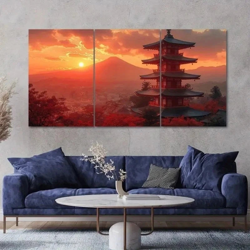 3pcs Japnese Temple Mount Fuji   Wall Art Set Canvas Framed 50x70cm - High Quality Print 100% Australian Made Wall Canvas Ready to Hang