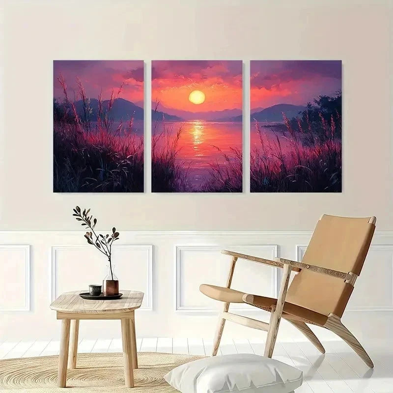 3pcs Soothing Sunrise Gouache Lilac Perfect Wall Art Set Canvas Framed 50x70cm - High Quality Print 100% Australian Made Wall Canvas Ready to Hang