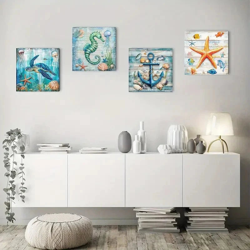 4pcs Blue Beach Bathroom Teal Nautical Sea Turtl Wall Art Canvas Framed
