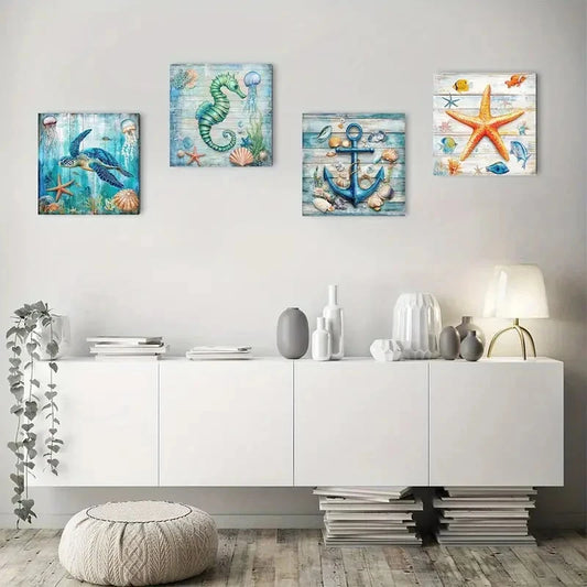 4pcs Blue Beach Bathroom Teal Nautical Sea Turtl Wall Art Canvas Framed
